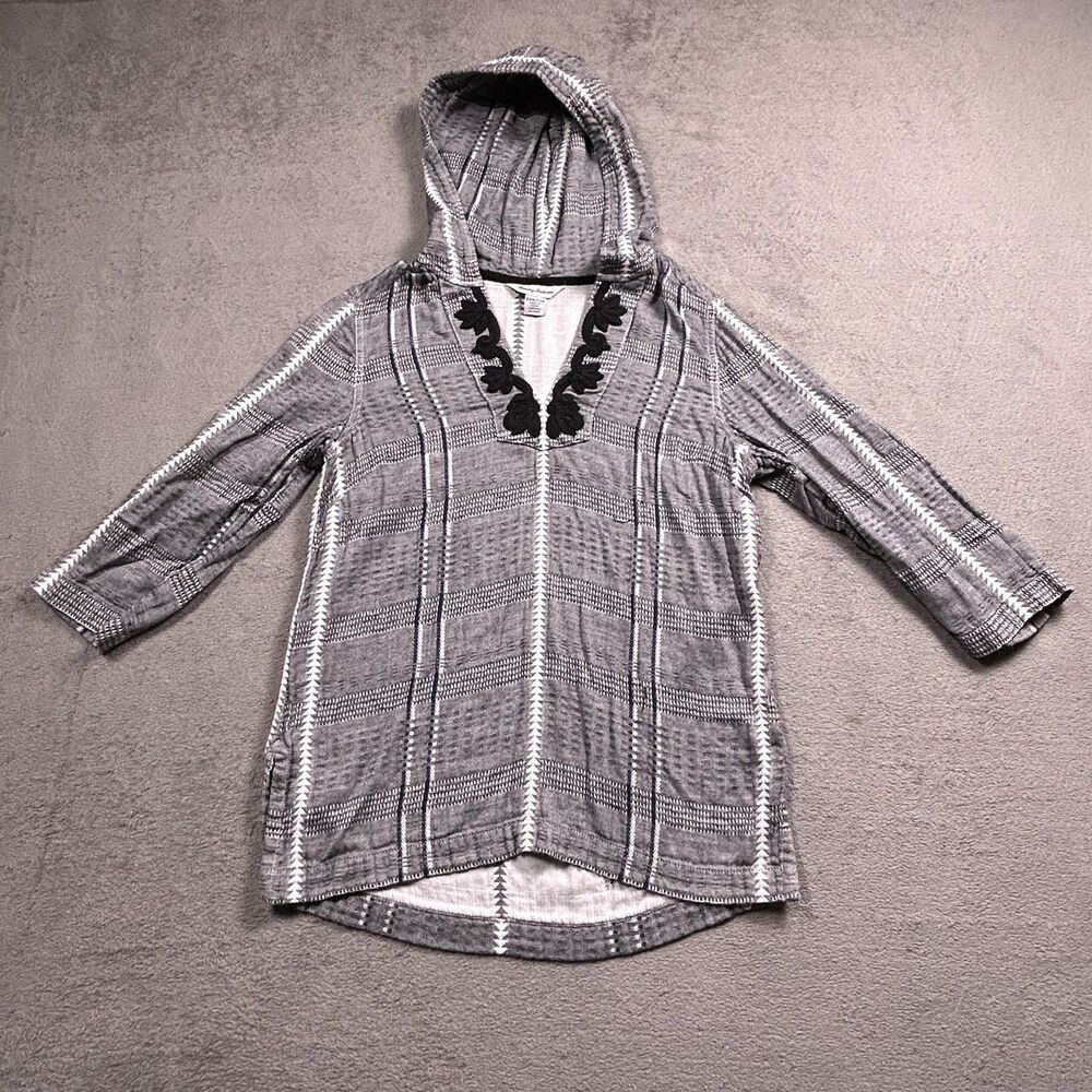 Tommy Bahama Tunic Hoodie Top Womens XXS Grey Plaid Embroidered Coastal Boho